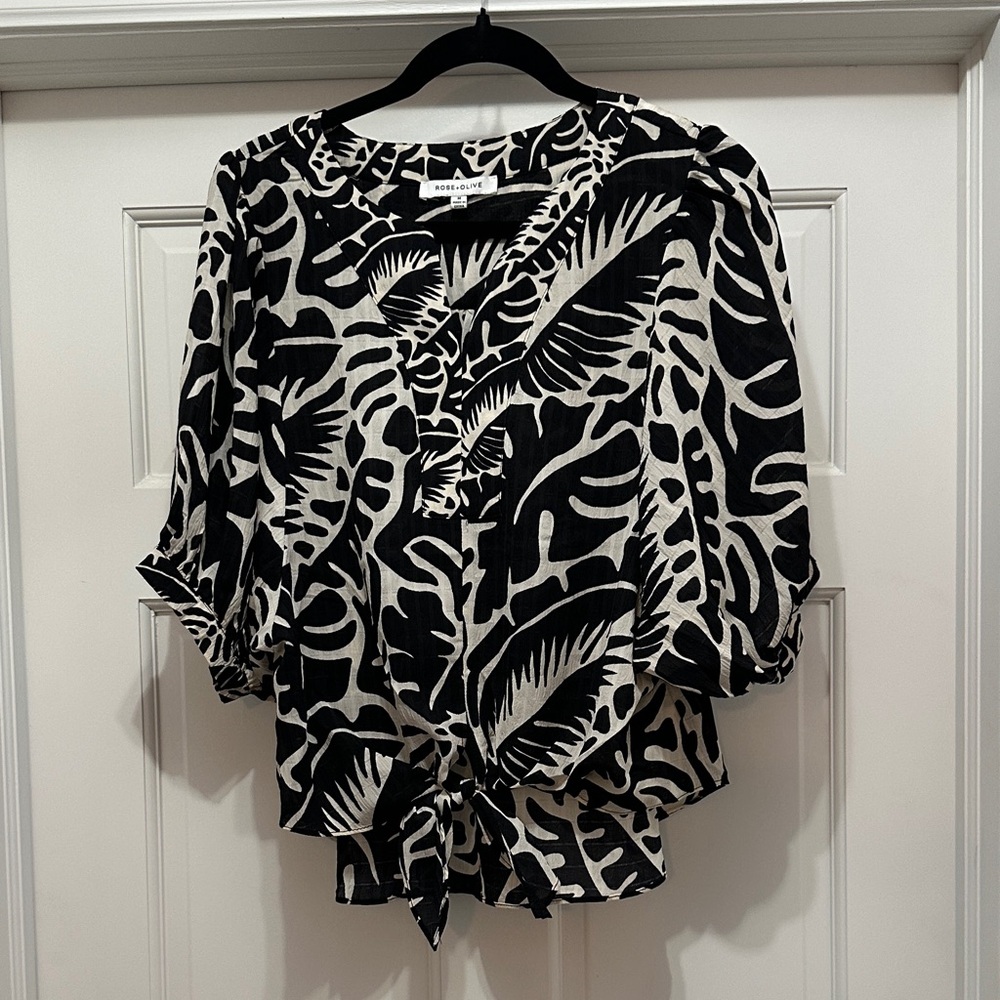 Rose & Olive Black and White Tropical Print Blouse
